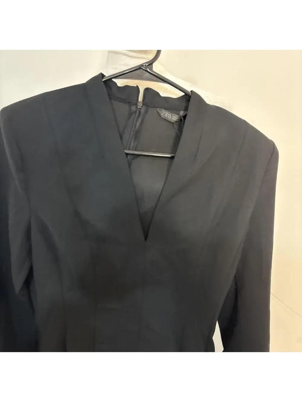New Zara Black Flare‎ LS Bell Shoulder Bads Deep Vneck Small